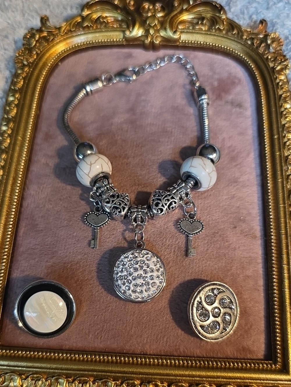 Vintage Ginger Snaps Charm Bracelet Necklace with White Stone Beads & 3 Snaps